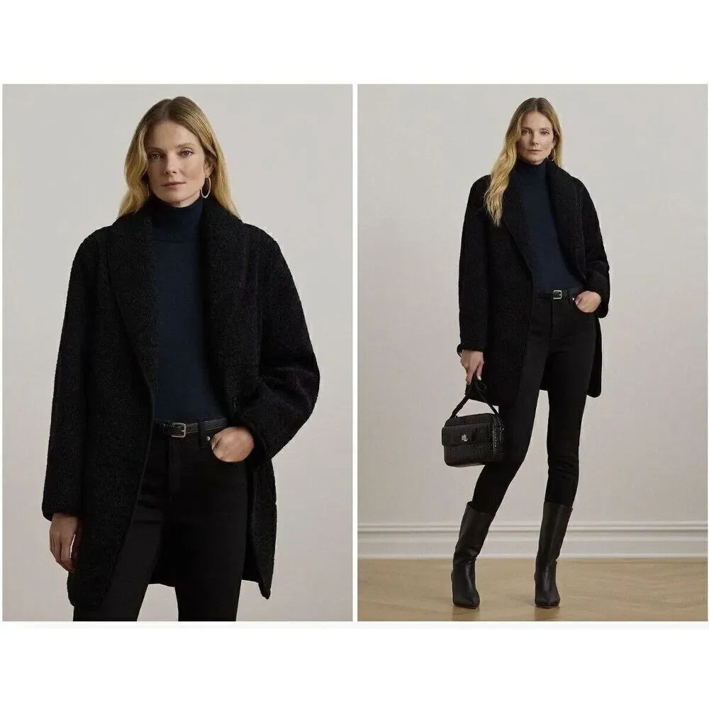$240 New Lauren Ralph Lauren Shawl Collar Faux Shearling Coat in Black XL